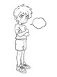 Offended little boy. Stubborn pose. Negative emotion. Dissatisfied child. Cartoon vector illustration black and white. Sketch hand drawn line. Anime style comic