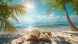 Open book on a serene beach with palm trees