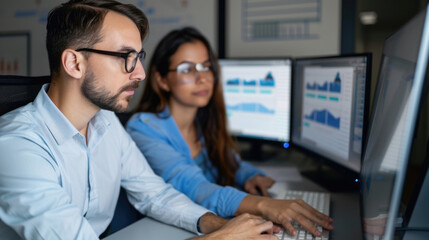 Poster - A man and a woman are seated in front of a computer, engaged in work or communication