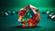 A mesmerizing geometric crystal bathed in red and green light, creating a sharp contrast against the dark backdrop