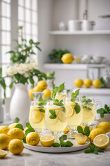 Wall Mural - Lemonade. Summer refreshing citrus lemon drink, beverage or cocktail with lemon juice and fresh mint.