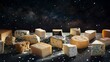 An array of exquisite cheeses presented in a celestial fashion, illuminated by a cosmic backdrop that accentuates their richness.