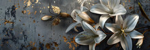 White Lilies On An Old Concrete Wall With Gold Elements.