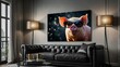 A humorous and charismatic pig wearing large sunglasses poses in a sophisticated and sleek living room