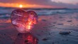 Enigmatic Elegance: A Glowing Pink Heart-Shaped Crystal on the Beach Amidst a Van Gogh-Inspired Fusion of Love and Nature