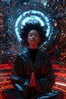 Futuristic Monk in Meditation: A Breathtaking 3D Holographic Poster for the Modern Science Fiction Epic Borg Sky