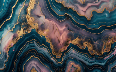 Ripple pattern layers of agate and marble background in gold, pink and blue color. 