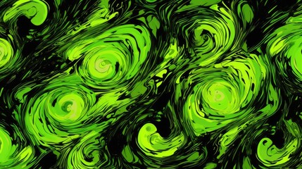 Wall Mural - Vibrant Neon Green and Black Abstract Swirls Background