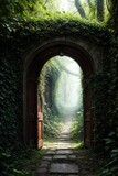 Fototapeta Las - 3d rendering of a fantasy doorway portal framed by green vines leading into a idyllic garden. Generative A