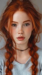 A young girl with red hair, braided braids, natural beauty.