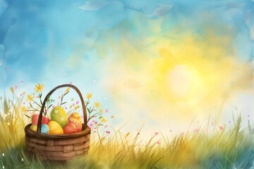 Watercolor illustration in the style of children's drawings with a basket of Easter eggs in a meadow with grass and flowers against the sky. Lots of negative space. Easter background.