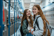 american girls in a high school, gosspiping near lockers, wearing uni form