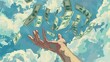 A Hand reaching out to catch falling dollar bills from the sky, concept of financial success, hand drawing