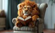 3D illustration of a lion reading a book.