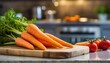 A selection of fresh vegetable: carrots, sitting on a chopping board against blurred kitchen background; copy space