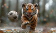 3D illustration of a tiger playing football.