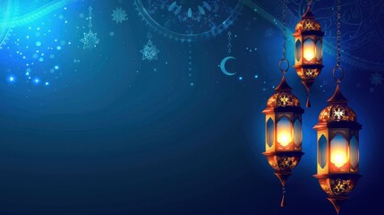 Wall Mural - Ramadan Kareem with golden crescent moon, golden lantern, islamic decorative elements template