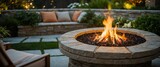 Fototapeta  - An elegant and warm backyard atmosphere highlighted by a stone fire pit providing a focal point for evening gatherings and relaxation