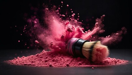 Wall Mural - A dynamic and vivid capture of pink powder bursting from a makeup brush, representing creativity in the beauty industry