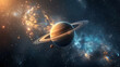 Planet Saturn with rings in outer space among star bakcgorund.  generative ai
