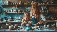 A Woman And A Little Girl Are Making Pottery In A Messy Room