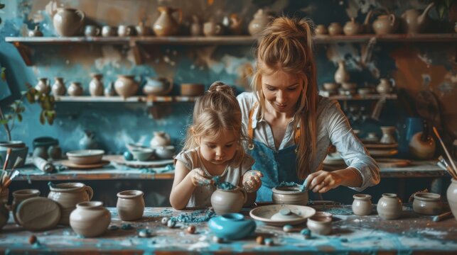 A woman and a little girl are making pottery in a messy room
