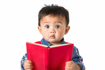 Portrait of a cute asian baby boy reading a book on white background, concept of preschool training for children