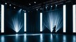 Dynamic image captures the silhouette of a figure on stage illuminated by intense stage lights and surrounded by dramatic curtains
