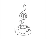 Fototapeta Big Ben - Continuous one line drawing of Cup of coffee with musical notes. Music cafe concept.	