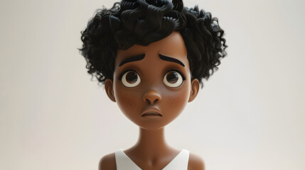 Sticker - Sad stressed upset African cartoon character young woman female girl person wearing white top in 3d style design on light background. Human people feelings expression concept