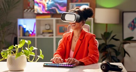 Poster - Touch, virtual reality and woman with headset for cyber world, metaverse and online user interface. Night, digital transformation and person with futuristic technology for AI, software and internet