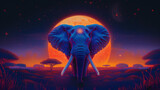 Fototapeta  - psychedelic illustration of african elephant walking through the savannah with moon or planet behind, blue and orange colors