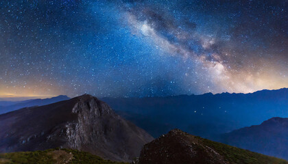 Wall Mural - Beautiful milky way and mountain peak. Dark blue starry sky.