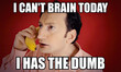 © Grenar - Internet pop culture meme: a funny ugly perplexed man talking on a banana phone, with the caption I can't brain today, I has the dumb (intentional misspelling).
