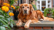 An old golden retriever dog is lying on the ground in front of a house.
