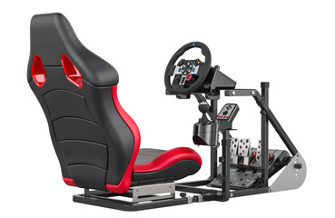 Poster - Racing simulator cockpit with gaming racing steering wheel, foot pedal. 3D rendering isolated on transparent background