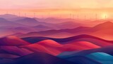 Fototapeta  - Abstract organic blue and pink lines with silhouettes of wind turbines, hazy dusk effect. wallpaper background illustration, climate change concept.