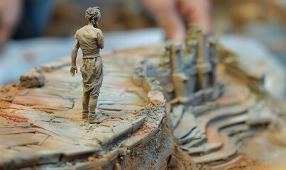 Sculpt a clay miniature of a symbolic figure standing at a crossroads, symbolizing the fusion of social commentary and blockchain technology The intricate details should highlight the complexity and s