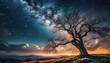 Mysterious night scene of dark blue starry sky with leafless tree. Natural landscape.