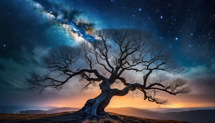 Wall Mural - Mysterious night scene of dark blue starry sky with leafless tree. Natural landscape.