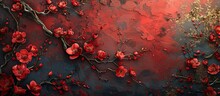 Vibrant Artwork Of Red Blossoms On Twisted Branches Against A Textured, Dark Red And Blue Backdrop With Golden Accents.