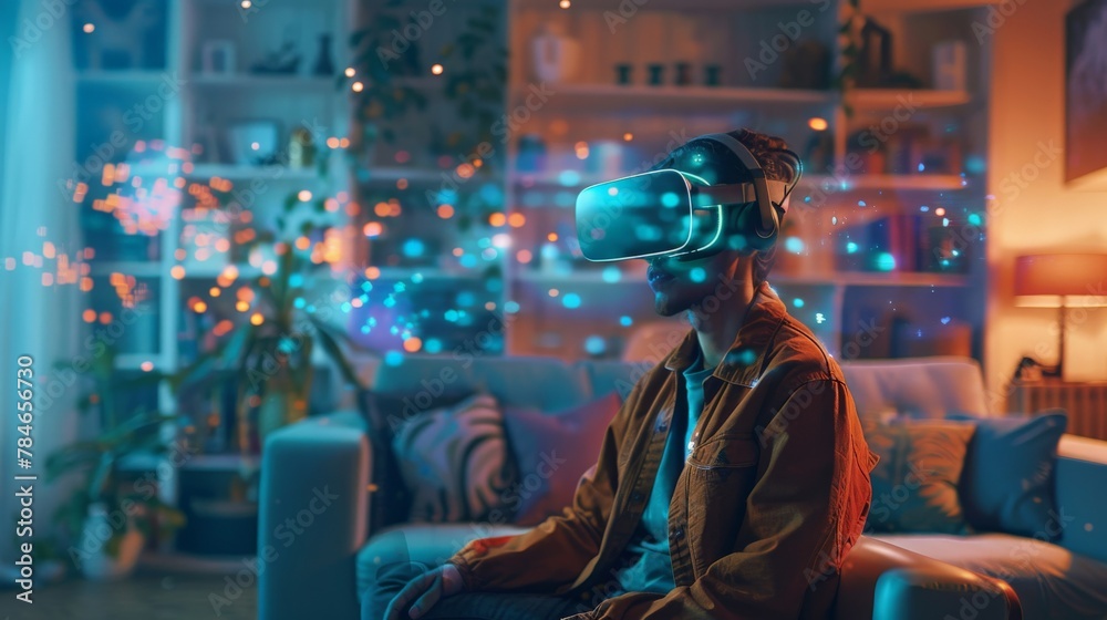 An individual wearing a VR headset, immersed in a virtual reality ...