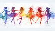 Vibrant watercolor-style silhouettes of dancing women creating a joyful and energetic atmosphere.