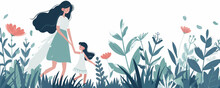 Cute Mother Holding Child Daughter Hand Flower Garden Mother's Day Family Love Illustration