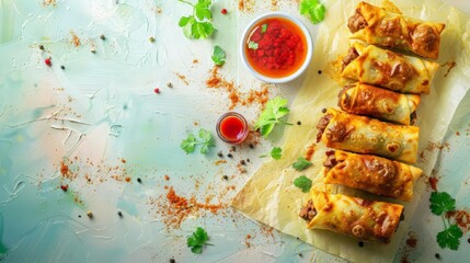 Wall Mural - Mexican beef taquitos with vegetables, cilantro and salsa on yellow background. Traditional Latin American mexican kitchen. top view, with place for text.