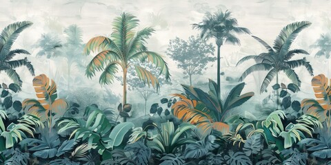 Wall Mural - wallpaper jungle and leaves tropical forest birds old drawing vintage 