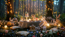 A Whimsical Tea Party Setup In The Forest, Adorned With Fairy Lights, Stuffed Bunnies, And A Spread Of Sweet Treats Amidst Floral Arrangements.
