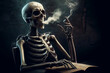 skeleton holding a cigarette while sitting and reading a book on a dark gloomy background