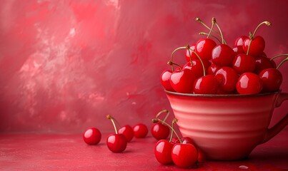 Wall Mural - Ripe cherries in a cup on a pink background.