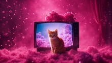 Cat In The Night Highly Intricately Detailed Photograph Of  Portrait Of Red Kitten With Lilac Bouquet On Pink Background In Front Of Tv Television 
